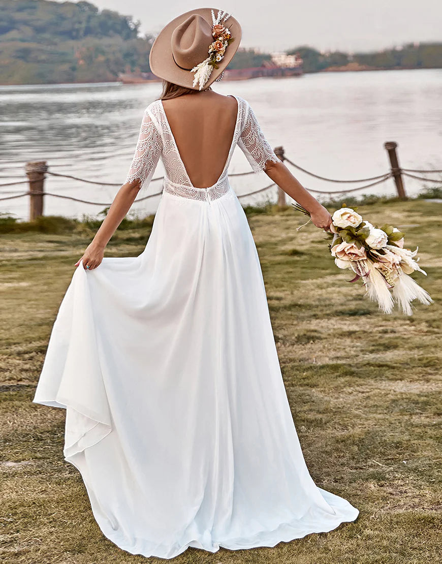 Lace Chiffon Half Sleeves Boho Wedding Dress With Slit