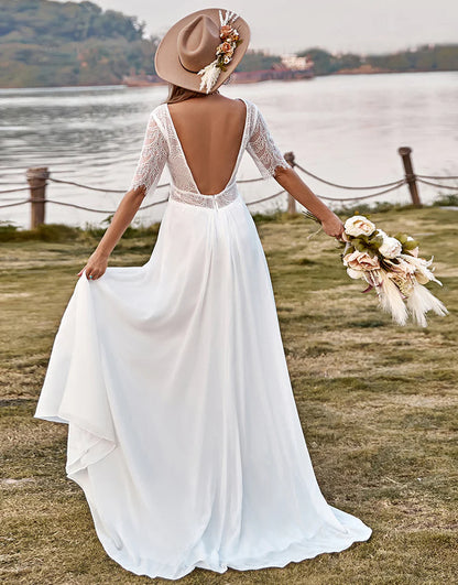 Lace Chiffon Half Sleeves Boho Wedding Dress With Slit