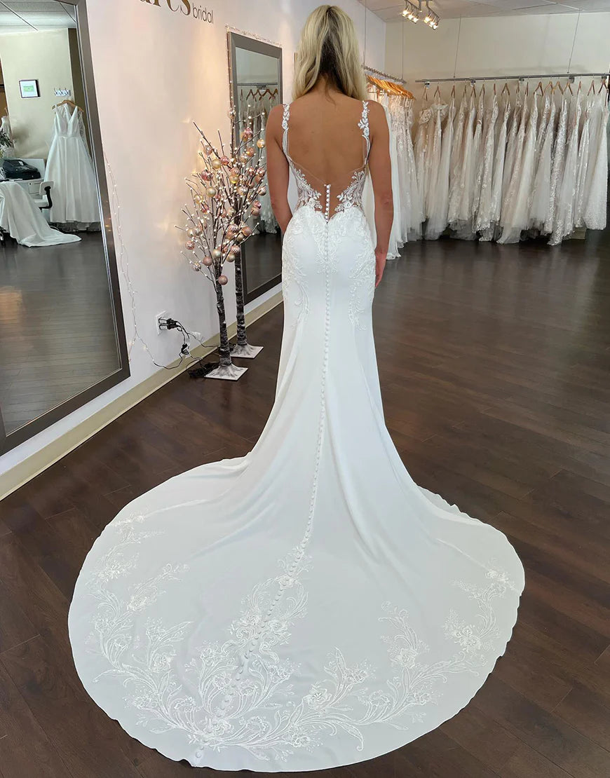 Mermaid Sexy V-neck 3D Flower Lace Applique Wedding Dresses