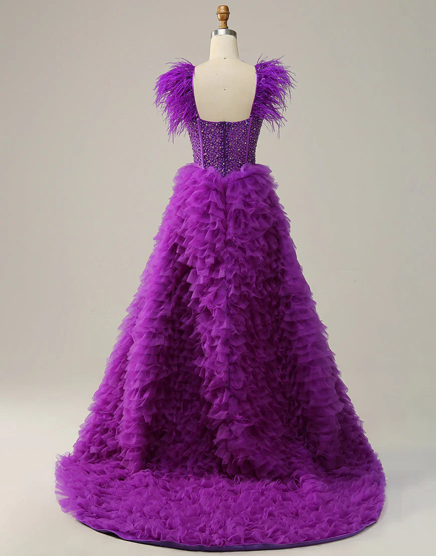 A Line Sweetheart Purple Long Prom Dress with Beading Feathers