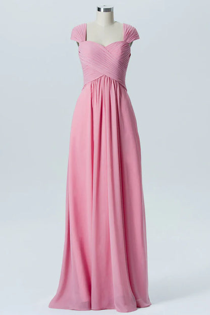 Pink Sweetheart square neck Cap Sleeve Chiffon Bridesmaid Dress