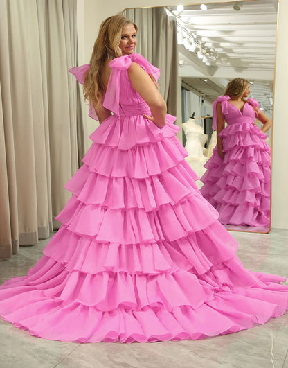 A Line V Neck Long Tiered Prom Dress