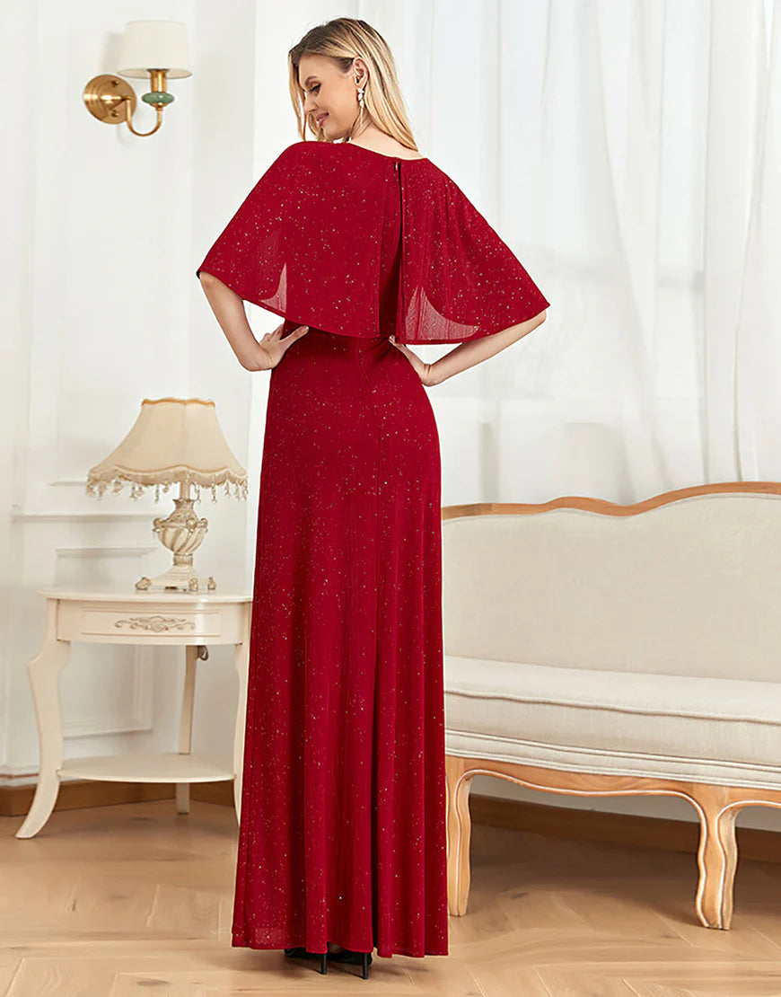 Glitter V-Neck Burgundy Mother of the Bride Dress with Cape