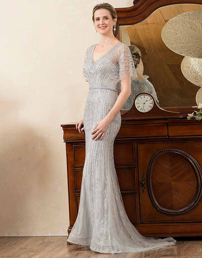 Beading V-neck Glitter Mermaid Mother of Bride Dress