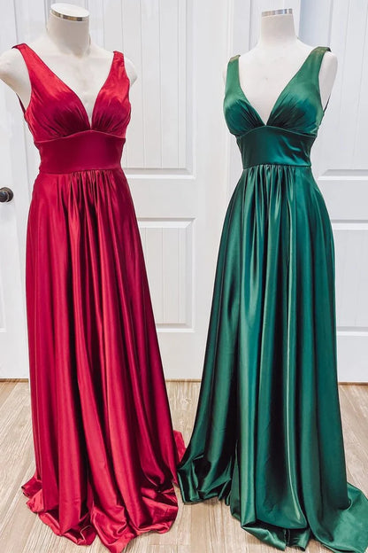 Satin V Neck Empire Pleated Bridesmaid Dress