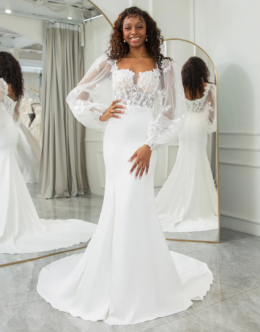 A Line Lace Long Sleeve Long Bridal Dress