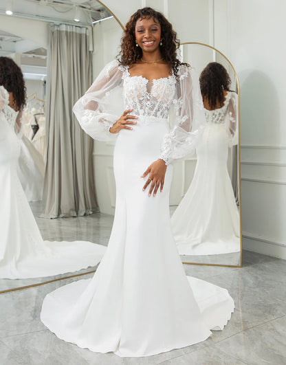 A Line Lace Long Sleeve Long Bridal Dress