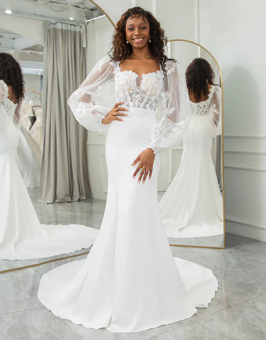 A Line Lace Long Sleeve Long Bridal Dress