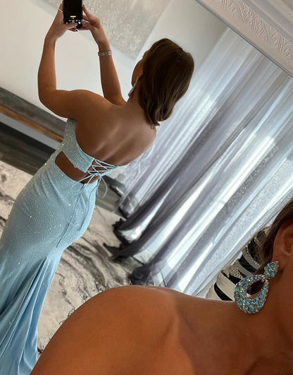 Sexy Tight Strapless Light Blue Long Prom Dress with Split