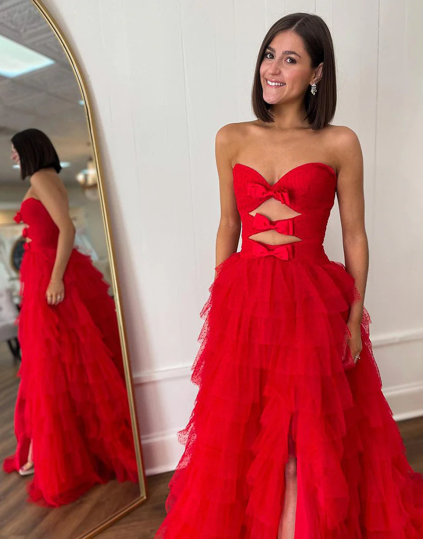 A Line Strapless Keyholes Ruffle Tiered Prom Dress With Slit