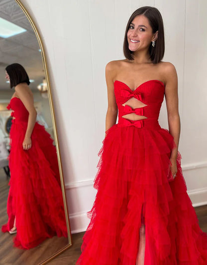 A Line Strapless Keyholes Ruffle Tiered Prom Dress With Slit