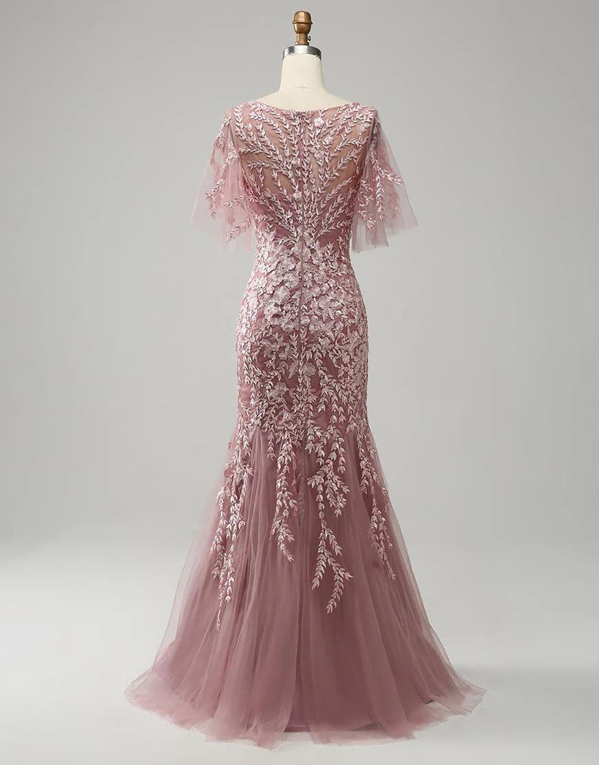 Grey Pink Mermaid Tulle Mother of the Bride Dress with Lace