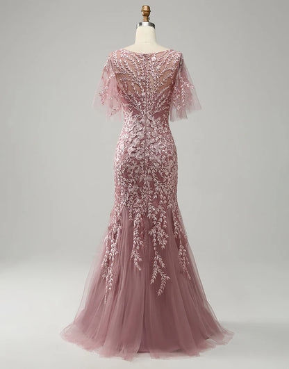 Grey Pink Mermaid Tulle Mother of the Bride Dress with Lace