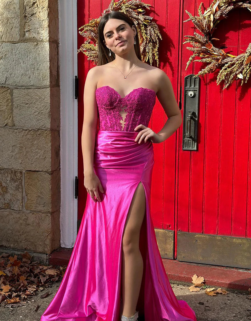 Mermaid Off The Shoulder Floral Satin Long Prom Dress with Slit