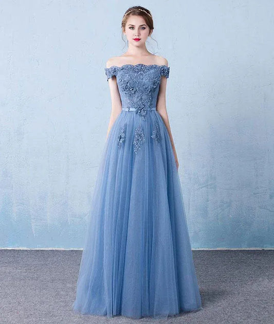 A Line Off the Shoulder Long Tulle Prom Dress With Appliques