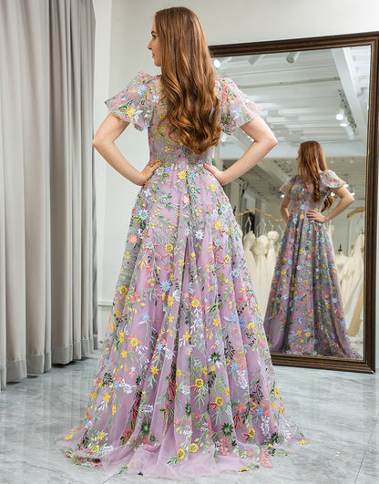 A-Line Embroidered Long Prom Dress With Appliqued
