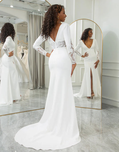 Mermaid V Neck Long Sleeve Wedding Dress With Slit