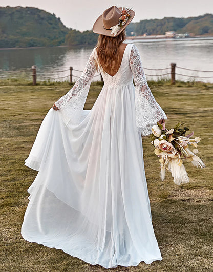 Lace Chiffon Trumpet Sleeve Boho Wedding Dress