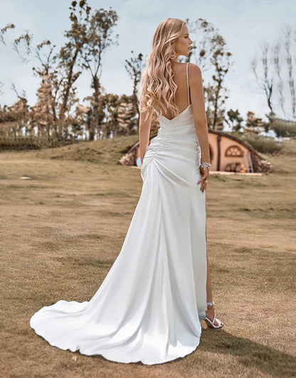 Boho Satin Simple Mermaid Wedding Dress with Slit