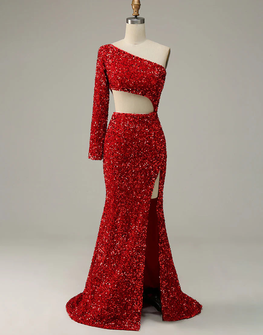 Split Sequin Prom Dress with Sleeves