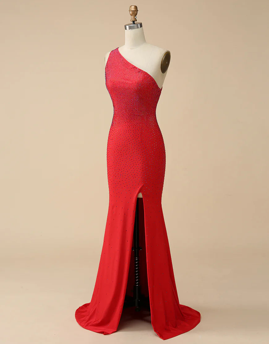 One Shoulder Beaded Mermaid Prom Dress with Split