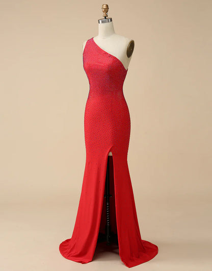 One Shoulder Beaded Mermaid Prom Dress with Split