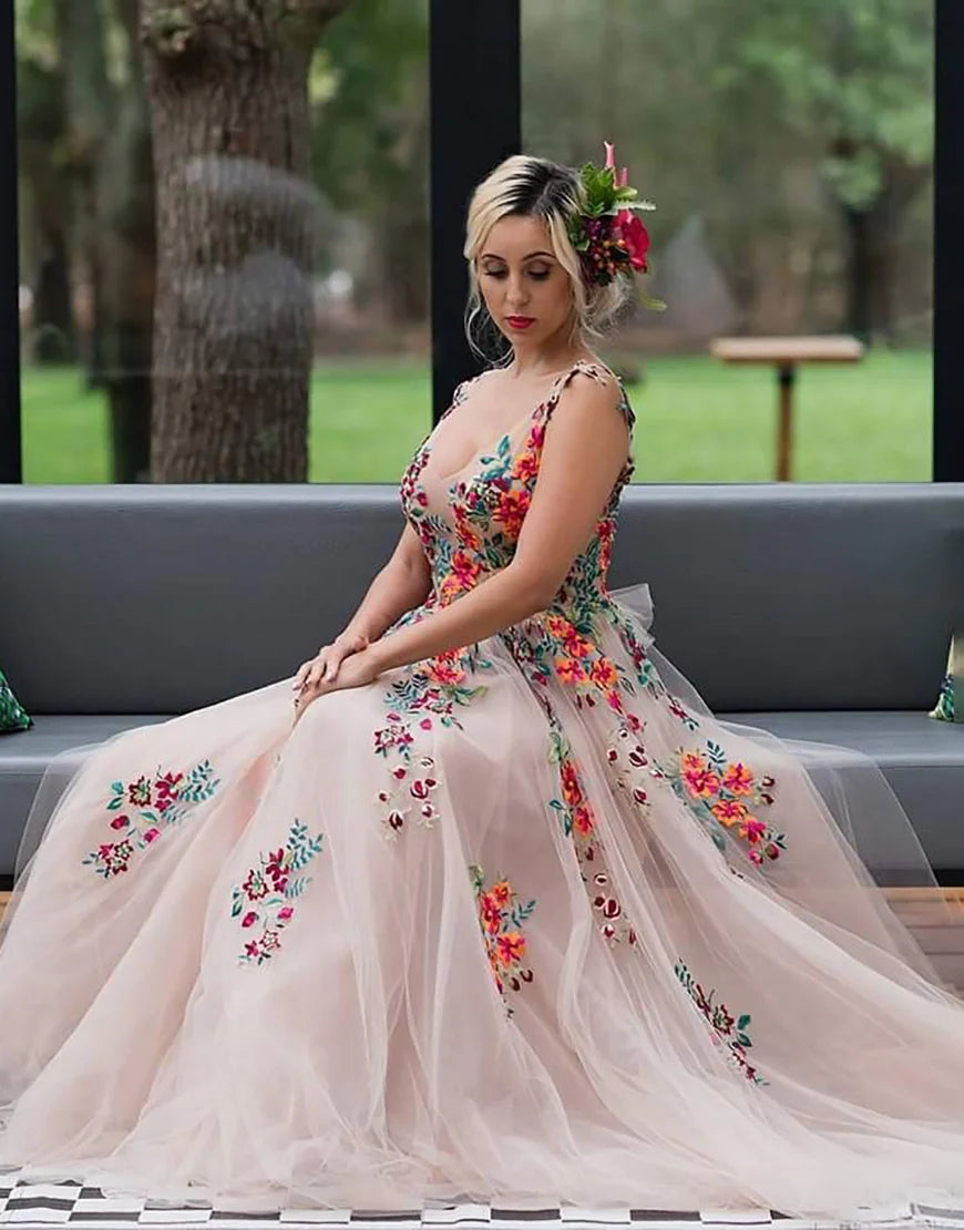 V Neck Flower A Line Long Prom Dress