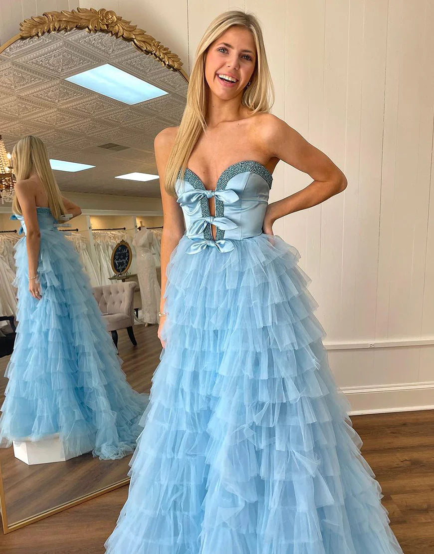 A Line Strapless Ruffle Tiered Long Prom Dress With Slit
