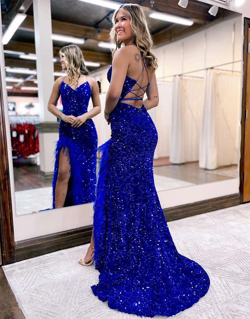 Sequin Side Slit Prom Dress with Feather