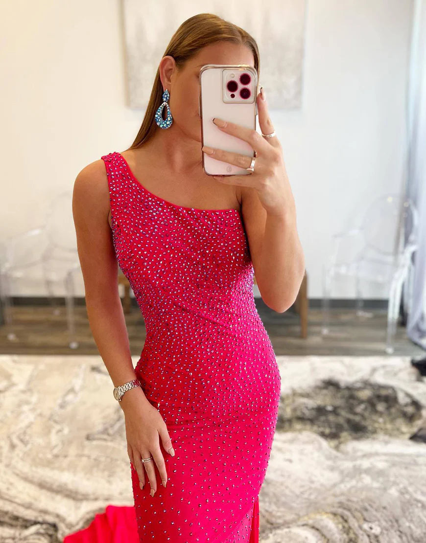 One Shoulder Mermaid Beaded Prom Dress