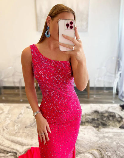 One Shoulder Mermaid Beaded Prom Dress