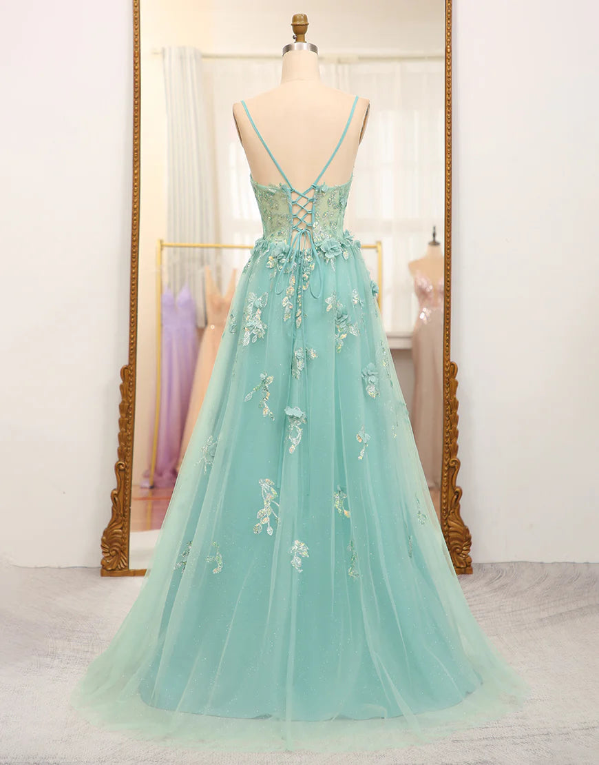 A Line Tulle Appliqued Long Prom Dress With Slit