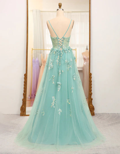 A Line Tulle Appliqued Long Prom Dress With Slit
