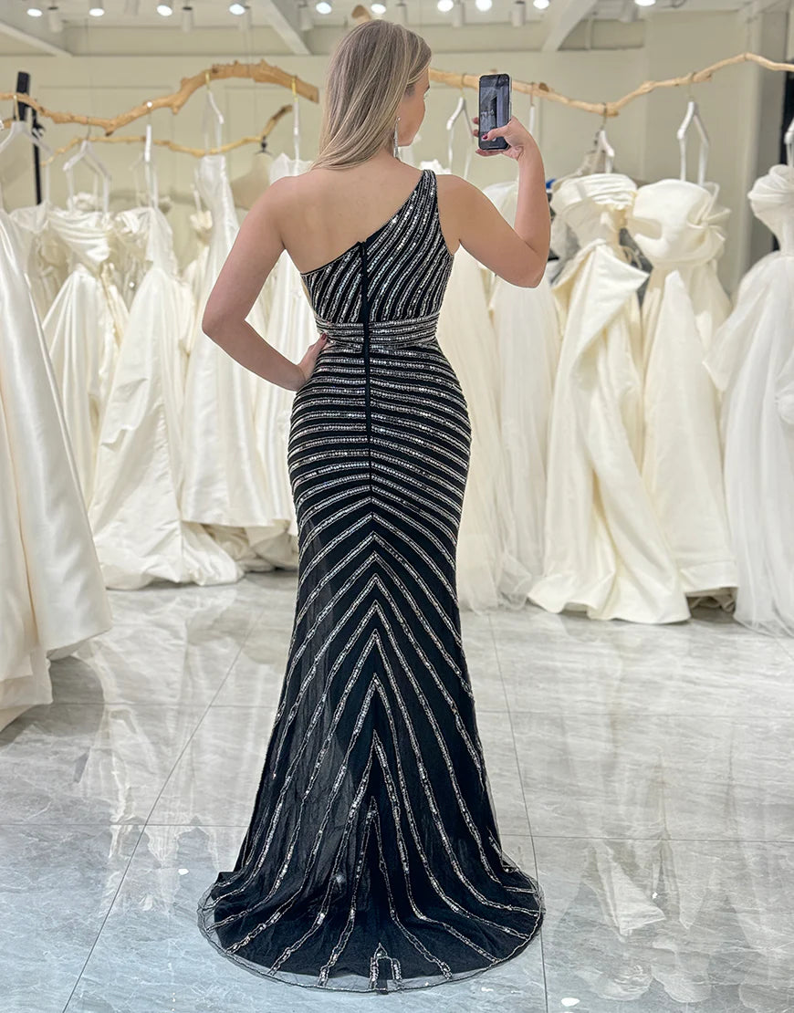 Sequins Waist Cut Out Prom Dress with Slit