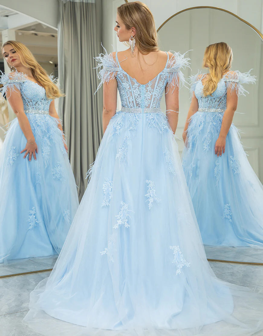 A Line Long Prom Dress With Feathers
