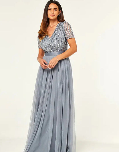 Sparkly V-Neck Grey Formal Dress with Short Sleeves