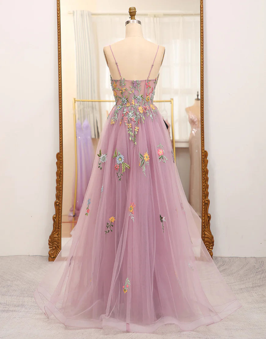 A Line Tulle Beaded Long Prom Dress With Appliques