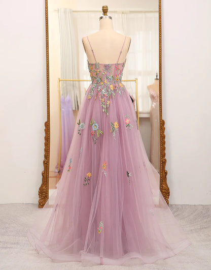 A Line Tulle Beaded Long Prom Dress With Appliques