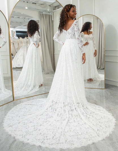 Square Neck Boho Chiffon Wedding Dress With Lace