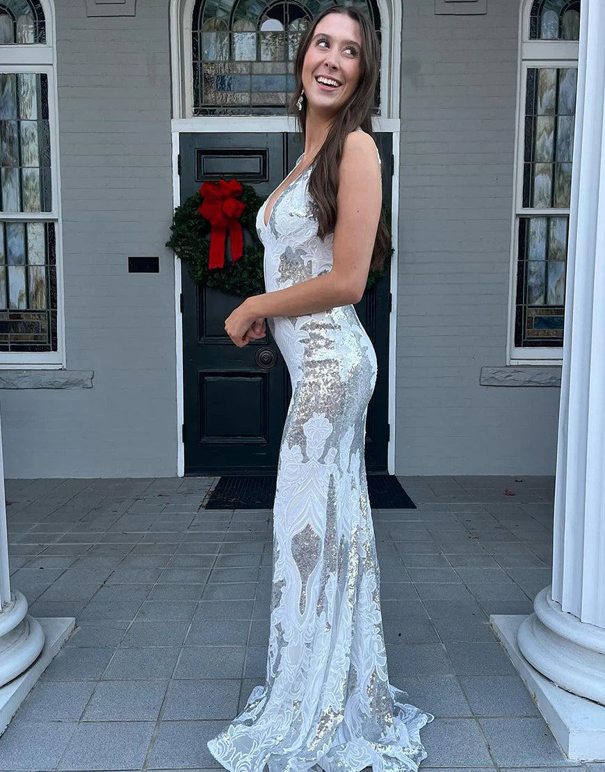 Sparkly White Mermaid V Neck Long Prom Dress