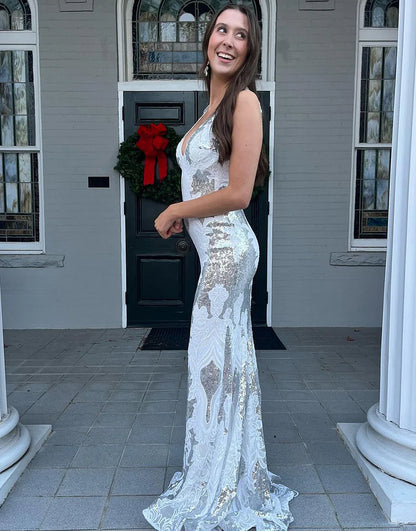 Sparkly White Mermaid V Neck Long Prom Dress