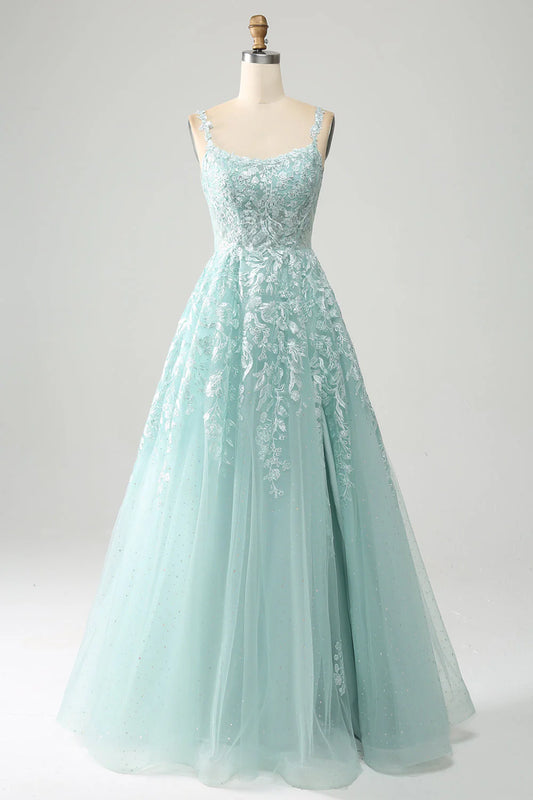 Glitter Mint A-Line Square Neck Tulle Applique Long Prom Dress with Lace