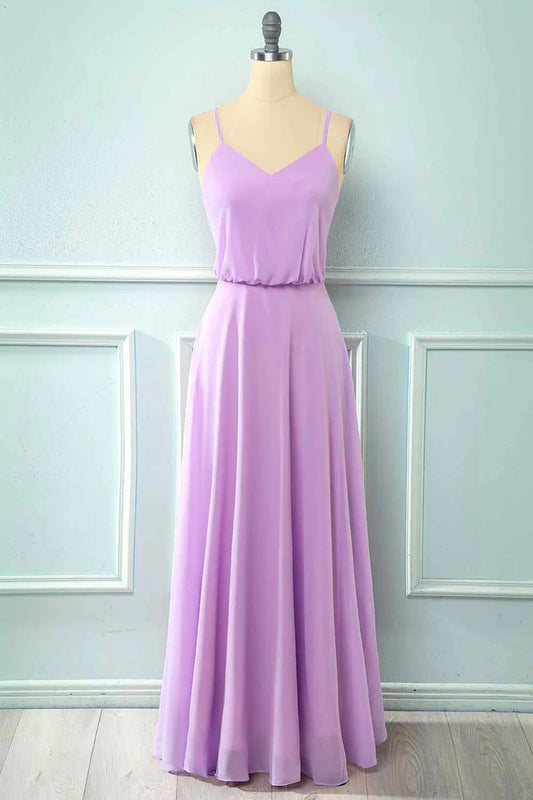 Light Purple Chiffon Spaghetti Straps Retract your waist Bridesmaid Dress