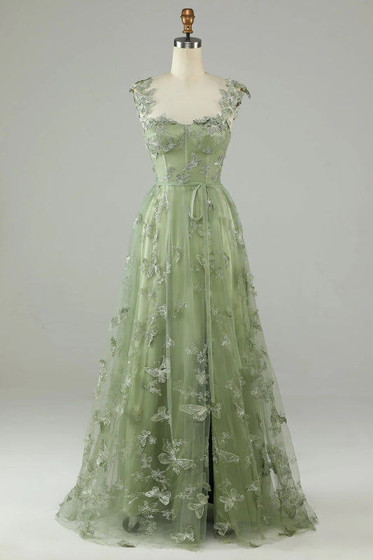 Green A Line Square Neck Corset Split Fork Prom Dress with 3D Butterflies