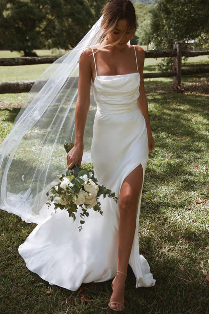 Fashion Mermaid Cowl Neck Spaghetti Strap Silk Satin Long Wedding Dresses with Slit
