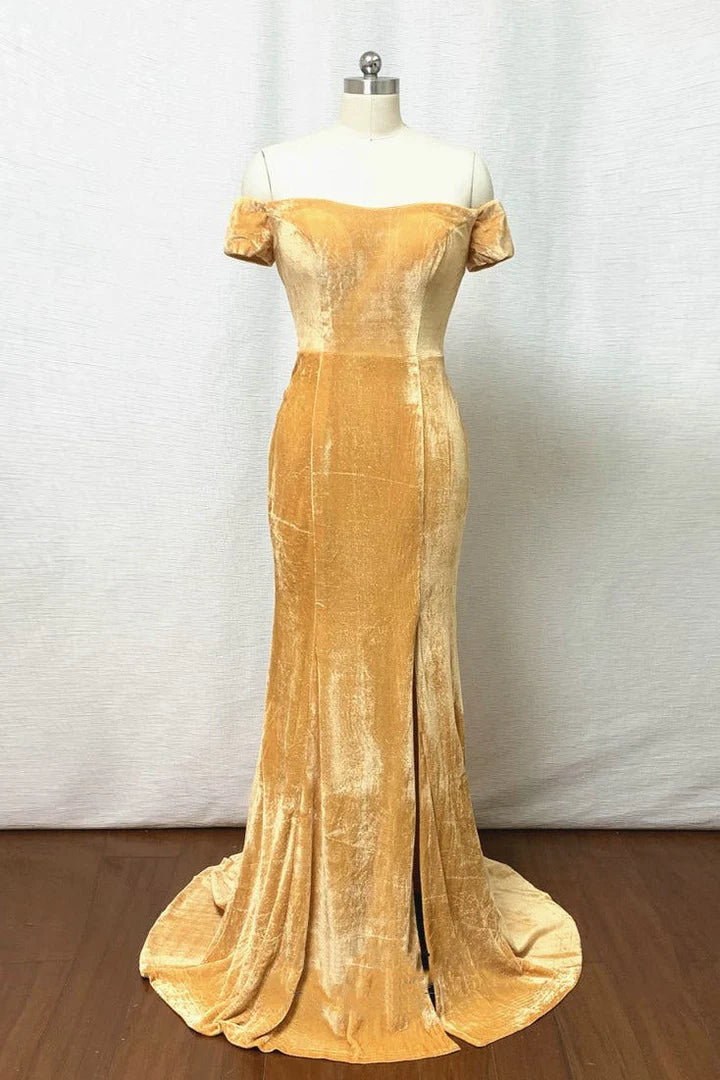 Gold Velvet Off-the-Shoulder Mermaid Formal Bridesmaid Dress