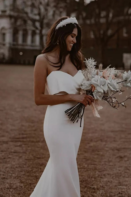 Elegant Mermaid Strapless Off-the-Shoulder White Satin Long Wedding Dresses