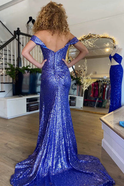 Sequin Off-the-Shoulder Mermaid Long Prom Dress with Slit