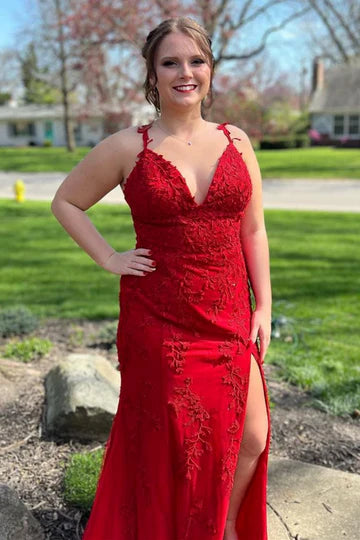 Mermaid Lace Appliques Prom Dress with Slit