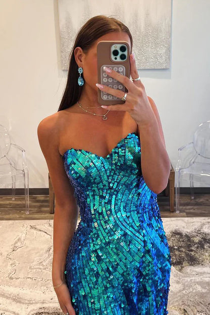 Mermaid Sweetheart Off-the-Shoulder Blue Sequins Long Prom Dress with Slit